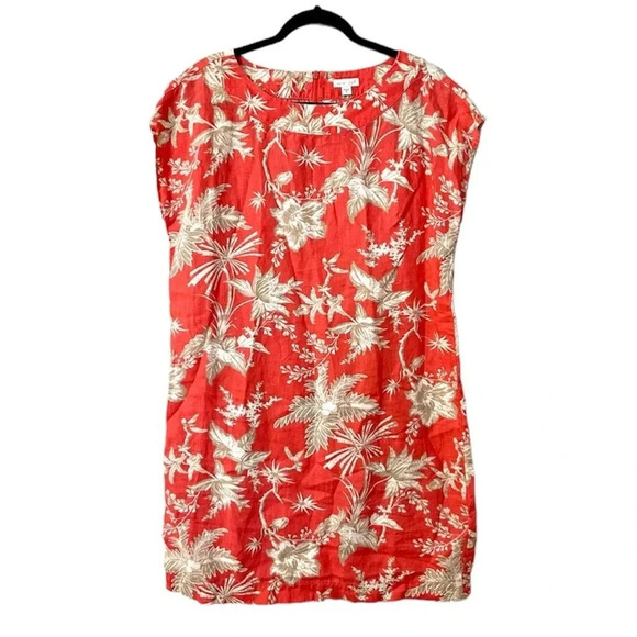 J. Jill Women's 100% Linen Floral Shift Dress in Coral with Cap Sleeves Sz M GUC - Picture 1 of 9